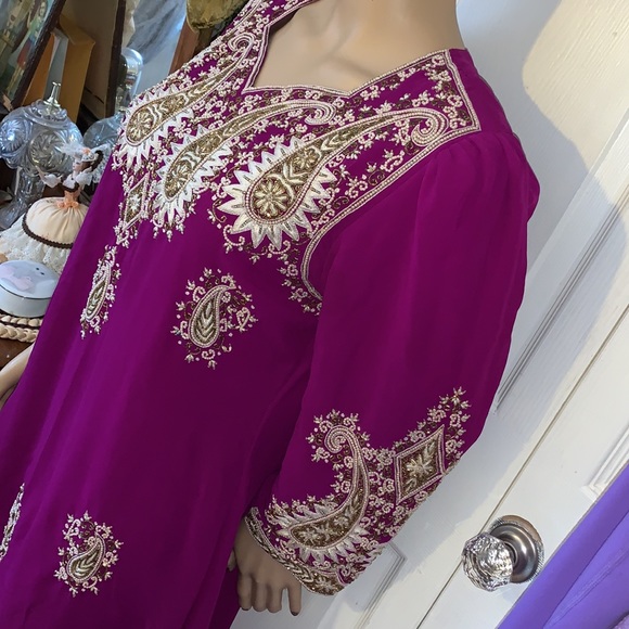 Vintage beaded magenta purple puff sleeve Punjabi Ethnic party dress S M - Picture 10 of 11